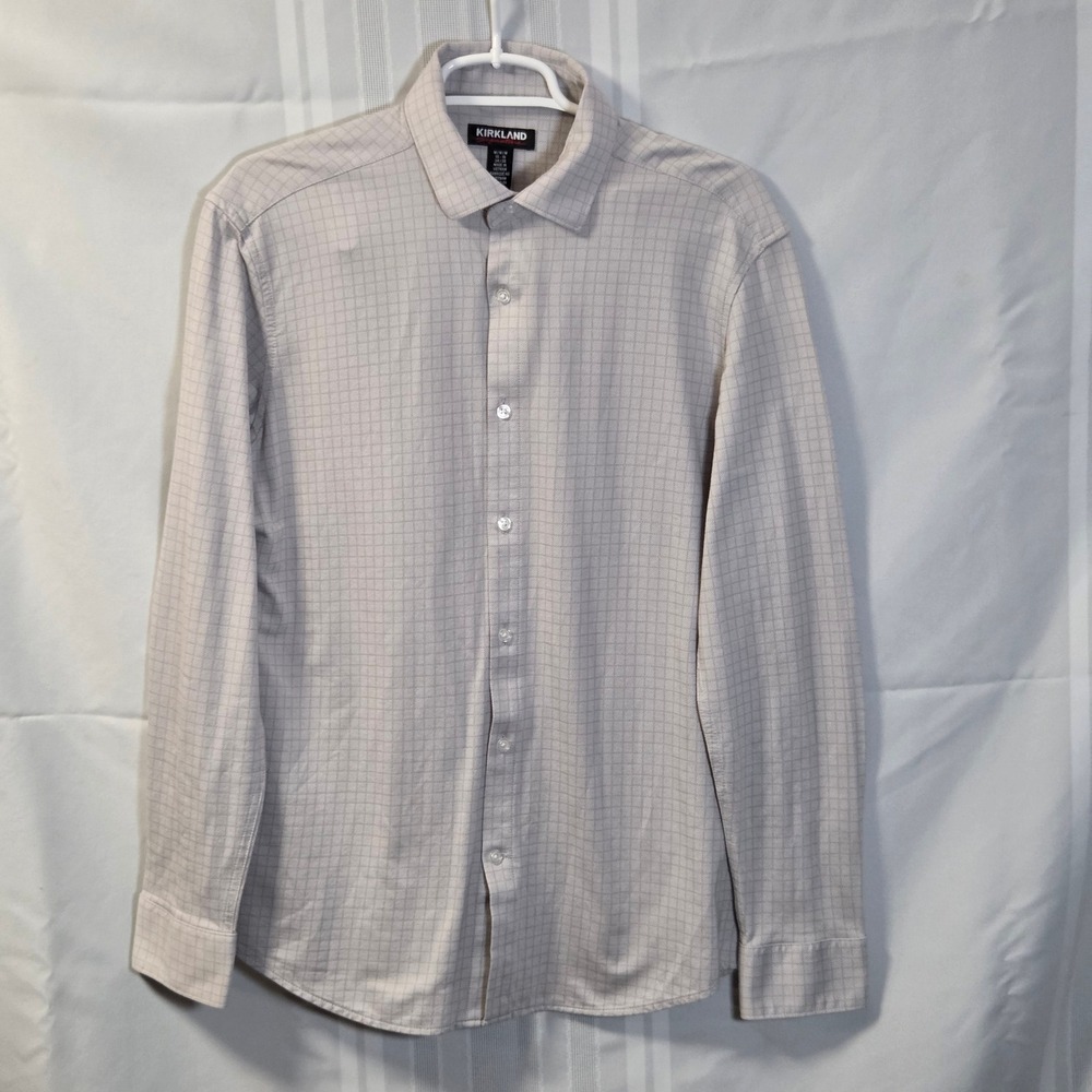 Kirkland Button Down Shirt Mens M Grey Grid Signature Long Sleeve Dress Shirt